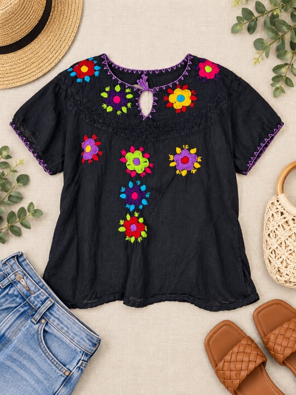 Embroidered Mexican Folk Art Blouse Black Floral Boho Peasant Top M